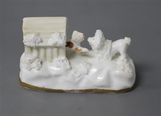 A rare Staffordshire porcelain toy group of a cat, poodle and kennel, c.1835-50, possibly LLoyd Shelton, L. 8cm